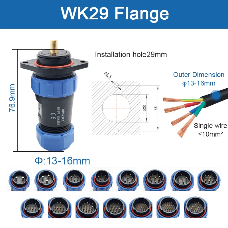 SP29 Flange Install Industrial Waterproof Connector Soldering Panel Mount Plug&Socket 29mm Connector IP68 WK29 Aviation Plug