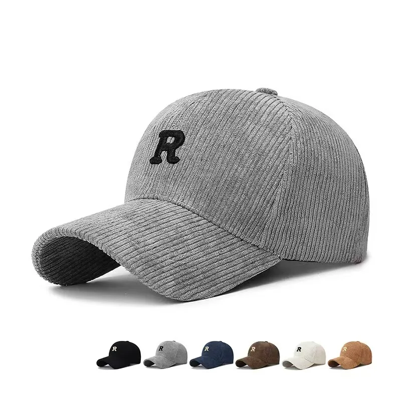 Boné de Beisebol em Corduroy com Letra 'R' Bordada em 3D, Cor Sólida, Ajustável, Acessório Estiloso para Outono e Inverno