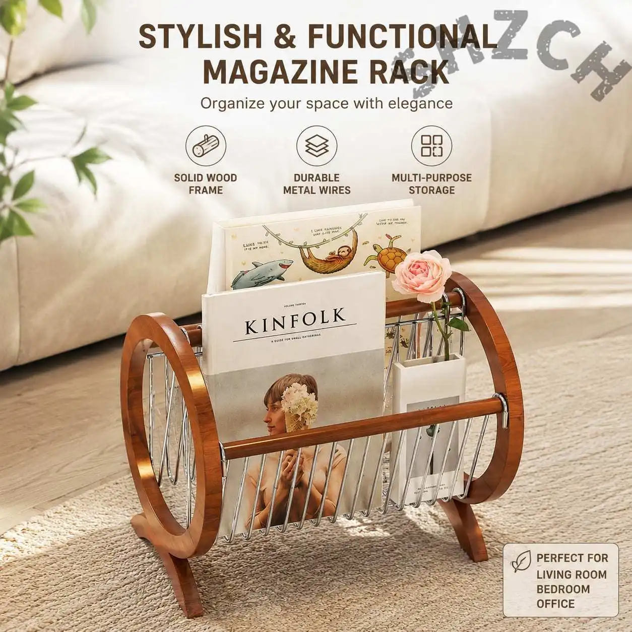 Mid-Century Modern Magazine Rack & Side Table – Wooden Living Room Organizer for Sofa, Bedside, or Reading Nook