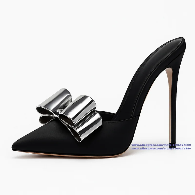 

Double Bow Stiletto Heels Mules Slippers Sexy Pointy Toe High Heels Pumps Designer Dress Party Shoes Sandalias De Mujer Verano