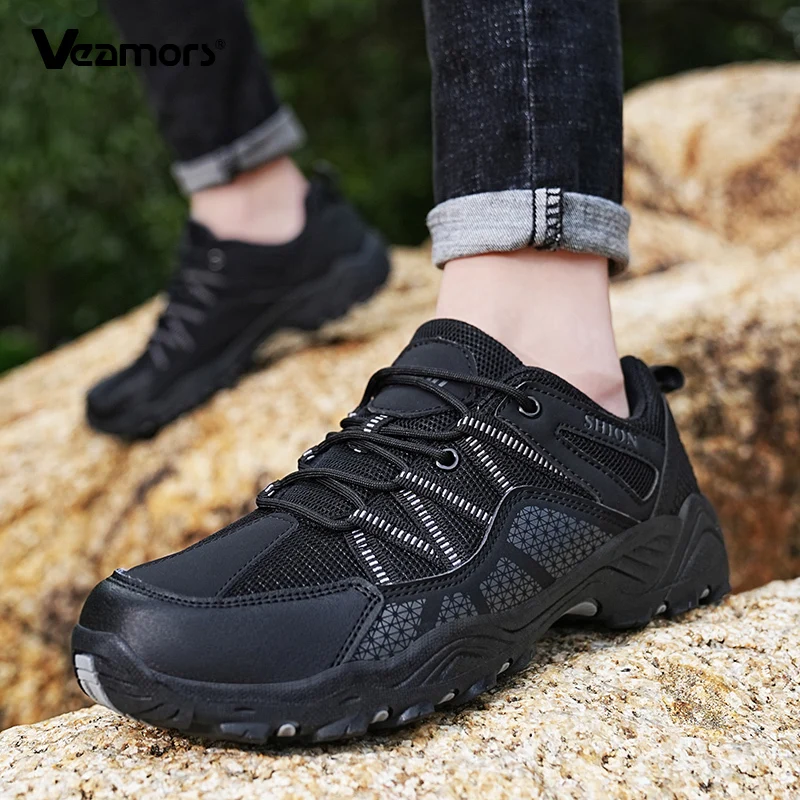 Men Anti-slip Hiking Shoes Mesh Casual Sports Shoes Male Breathable Outdoor Sneakers for Trekking Climbing Walking Elastic Sole
