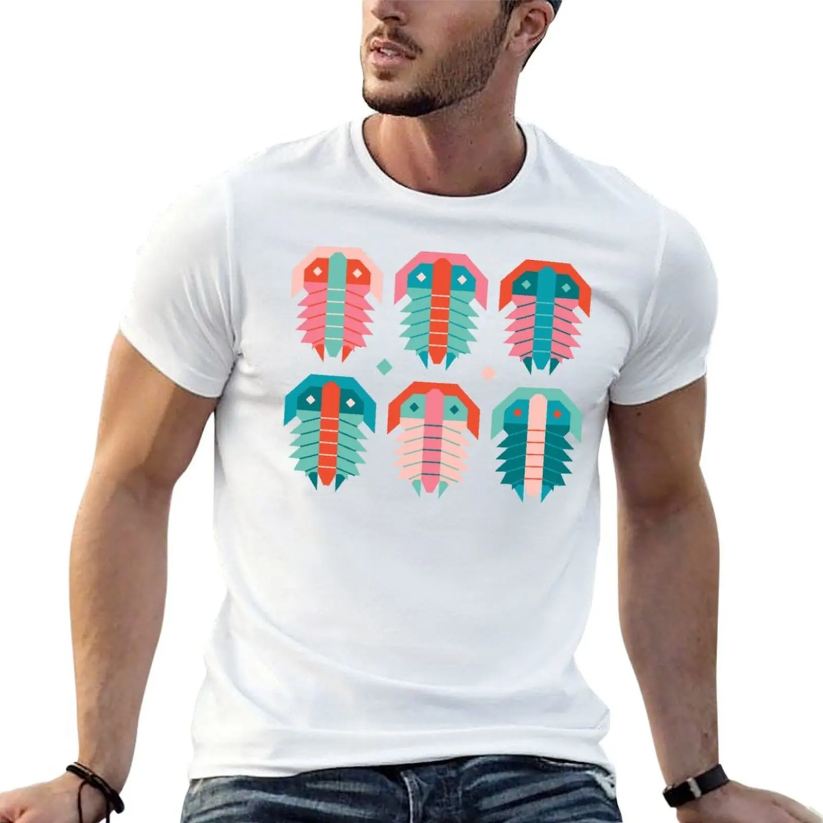 

Geometric Trilobite Fossil Folk Art - Coral and Aqua T-Shirt t shirt for man 100 percent cotton t shirts for man cotton T-Shirt