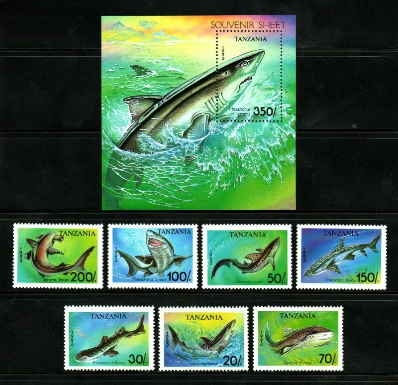 7 PCS+1, Tanzania, 1993, Sealife, Real Original Post Stamps, MNH