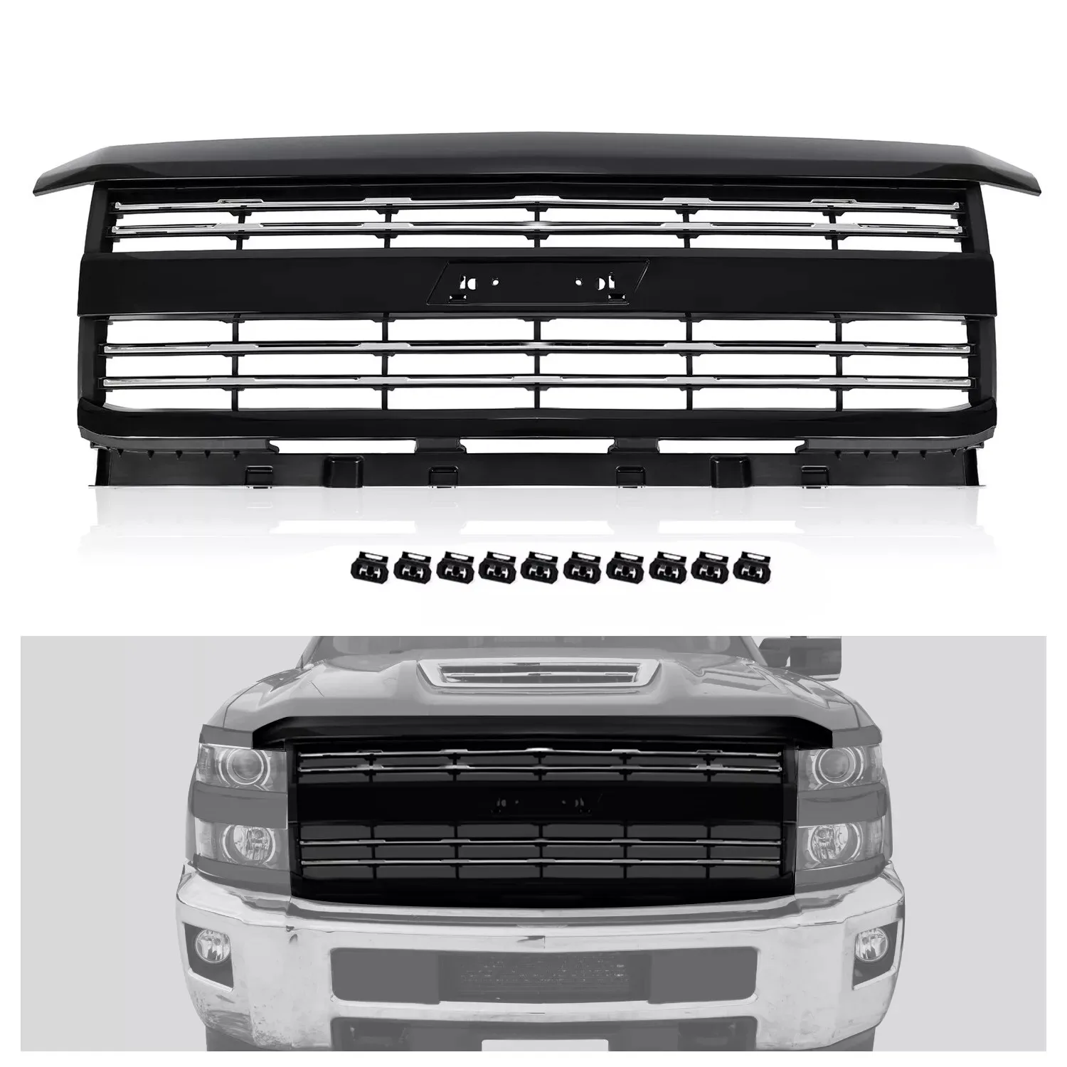 

Front Grille Gloss Black w/Chrome For Silverado 2500HD 3500HD 2015-19 #23335302