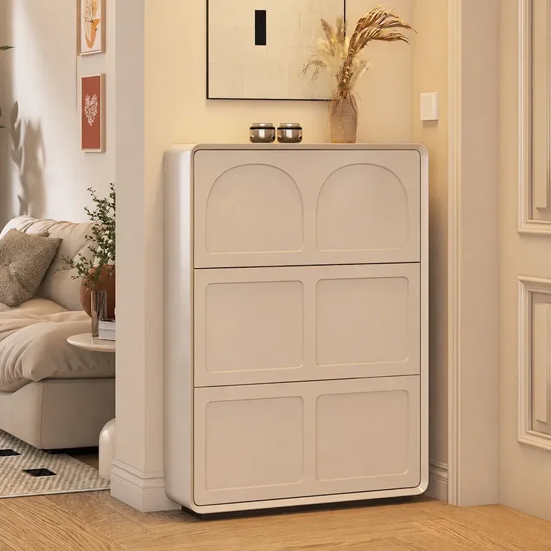 Ultra Thin Solid Wood Shoe Cabinet French Style Cream Color Tipping Bucket Storage for Narrow Entryway Hallway Small