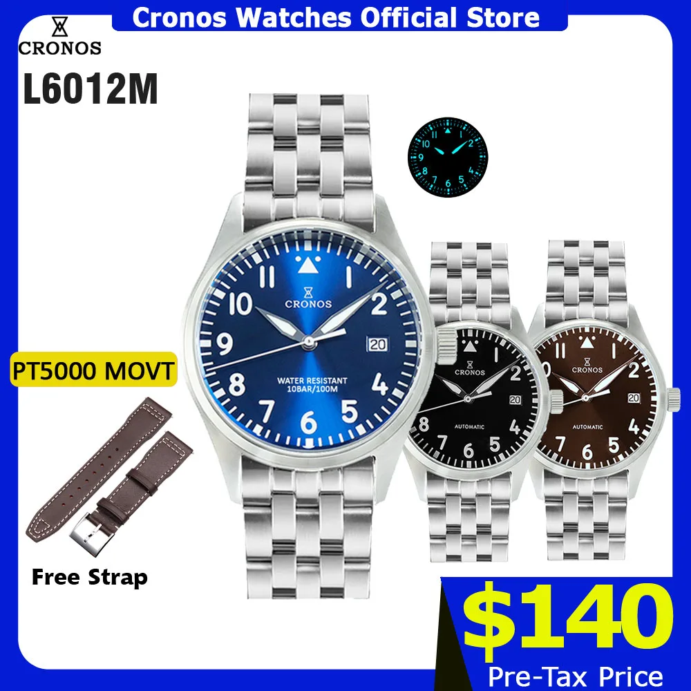 

Механические мужские часы Cronos Pilot Flieger, 39 мм, из нержавеющей стали, с суперлюминесцентным куполообразным сапфировым стеклом, кожаный нейлоновый ремешок L6012