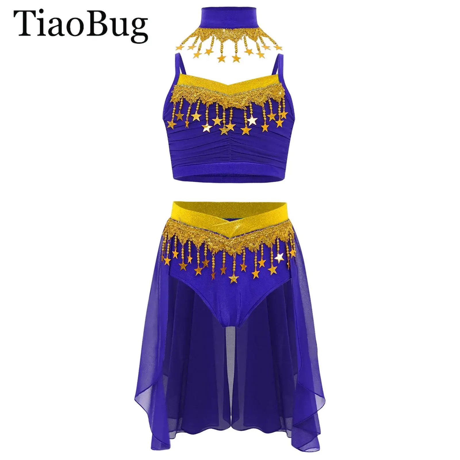 Mädchen glänzende Pailletten Bauchtanz Kostüm Quasten Crop Top mit Chiffon Rock abnehmbarer Kragen Halloween indische Bauchtanzkleidung