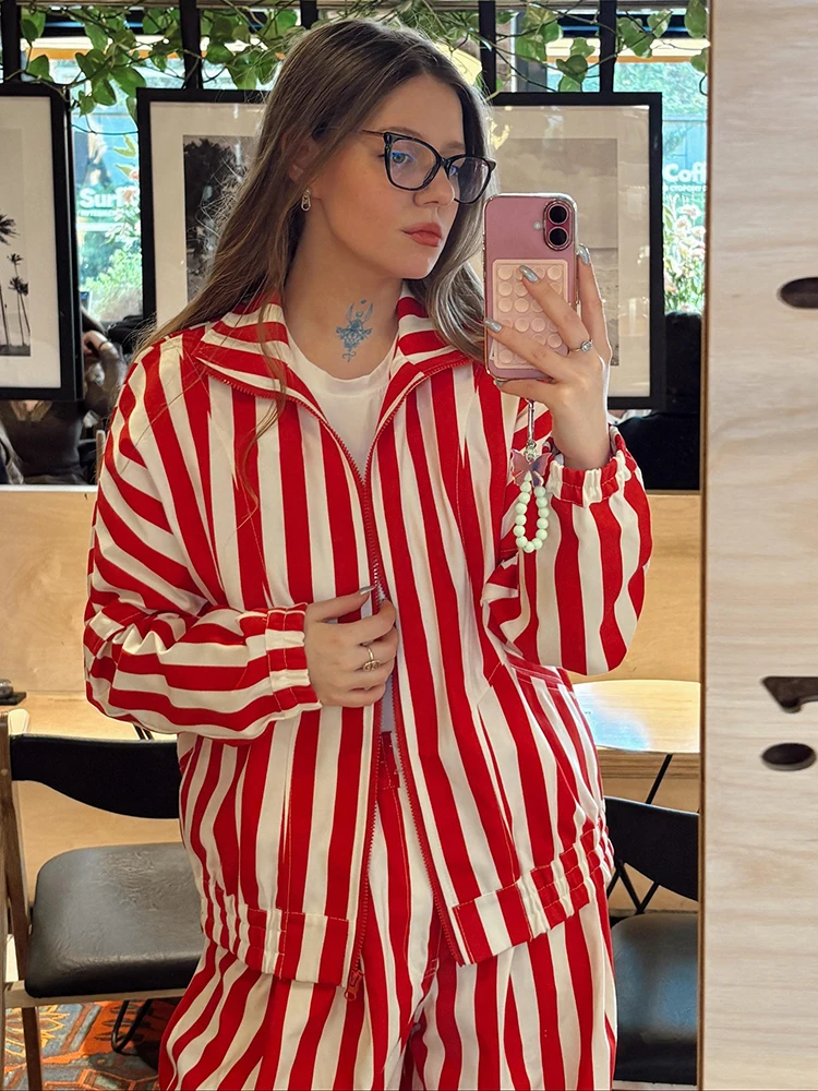 Casual Contrast Striped Coat Pants Suit Women Zipper Elastic Waist Button Lantern Trouser Loose Suit Autumn Daily Street Outfit