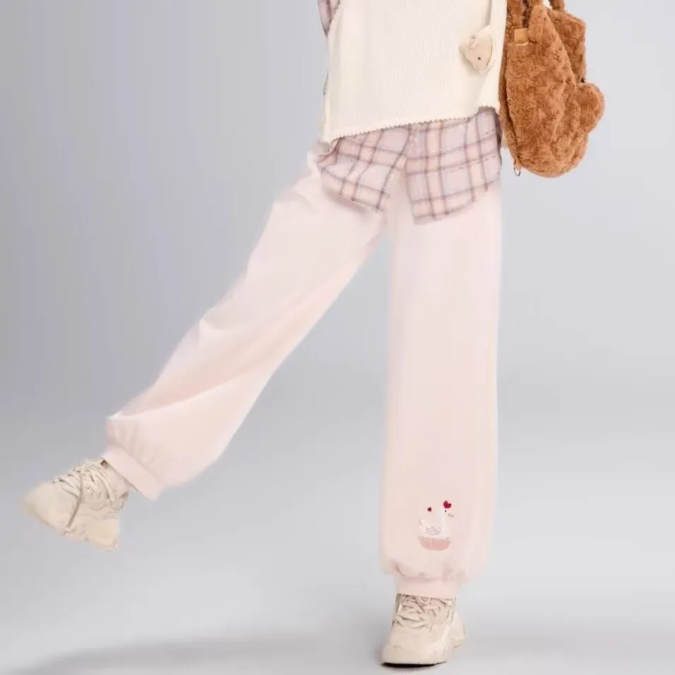 和菓子ロリータレディースハイウエストコーデュロイピンクパンツラブグース刺繍ワイドレッグパンツ Y2k ルーズかわいいかわいいズボン