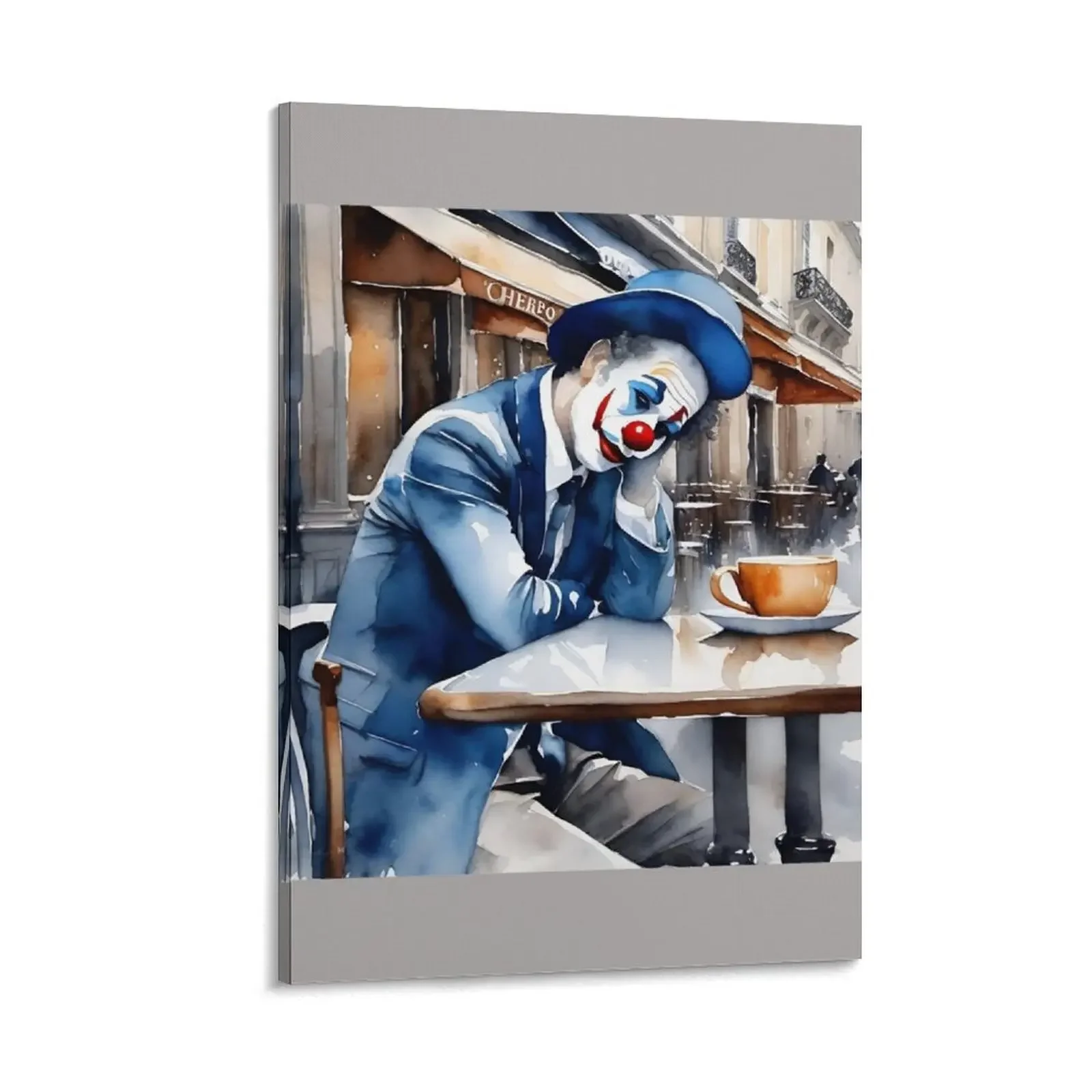 

Parisian Solitude: Sorrowful Clown in Paris Cafe…Art By Carraann. Canvas Painting Picture on the wall wall art