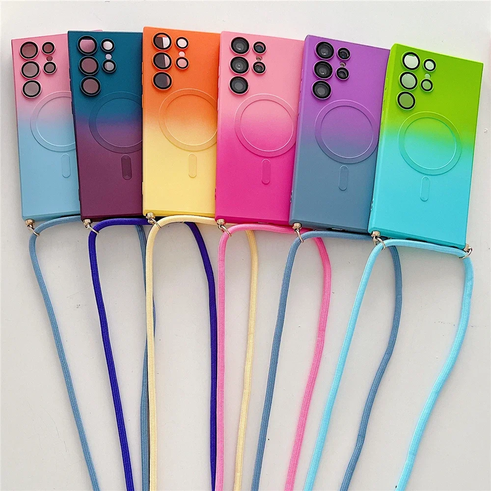 

Necklace Lanyards Wireless Charge Magnetic Gradient Pattern Case For Samsung S24 S23 Ultra S22 S21 Plus 20 Matte Silicone Cover