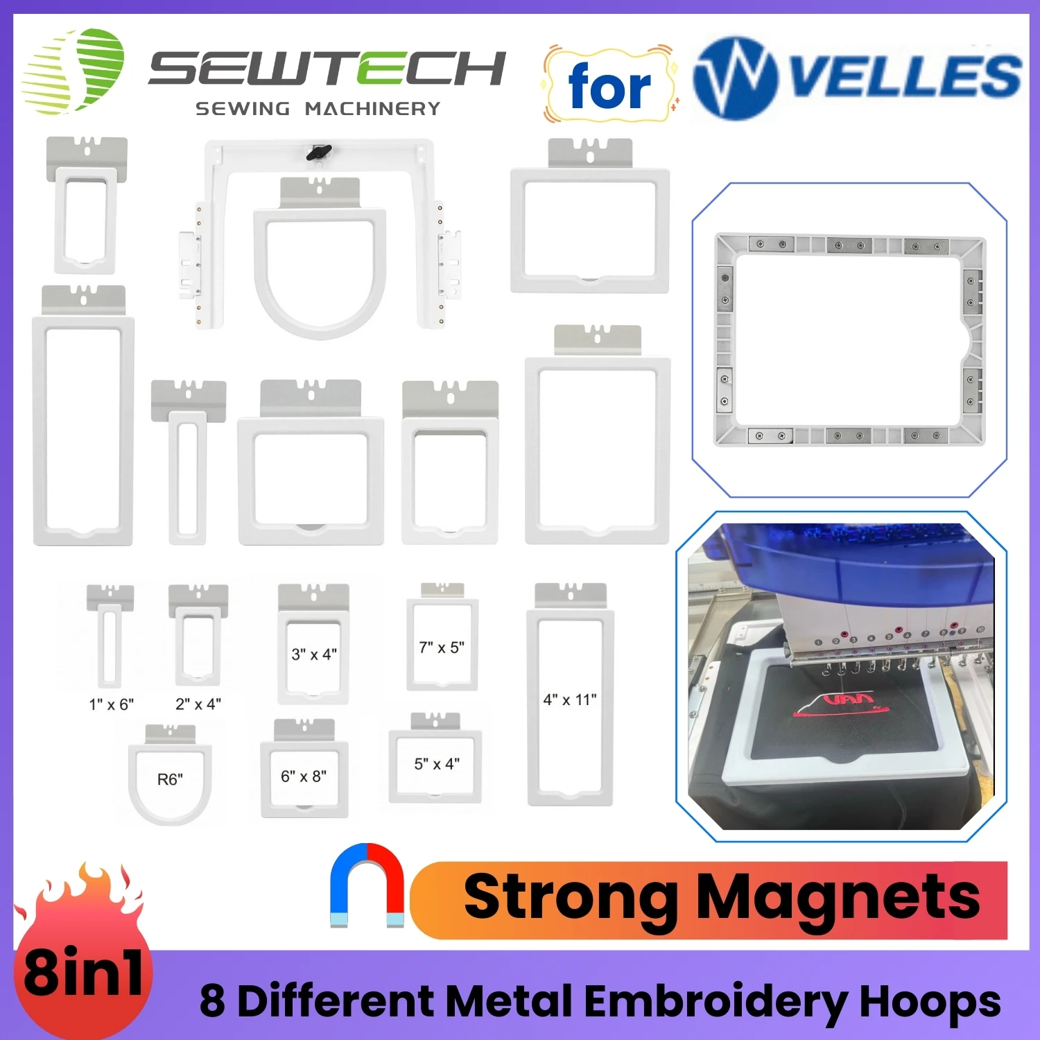 VELLES VE1200 VE27C-TS VE1502C VE1504C Magnetic Hoopless Multi-Frame Embroidery Kit for Shirt Pockets Sleeves, Socks, Cap Backs