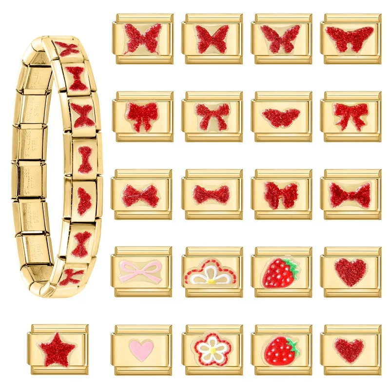 Y2k Bow Star Strawberry Sticker Italian Golden Charms Fit 9mm Stainless Steel Bracelets Women DIY Making Jewelry Gift Wholesale