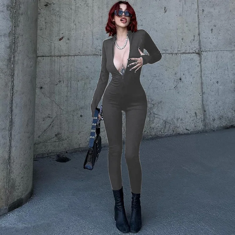 Y2k Vintage Gothic Clothes Autumn Zipper Long Sleeve Bodysuits Bodycon  Solid Women Sexy One Piece Sports Streetwear