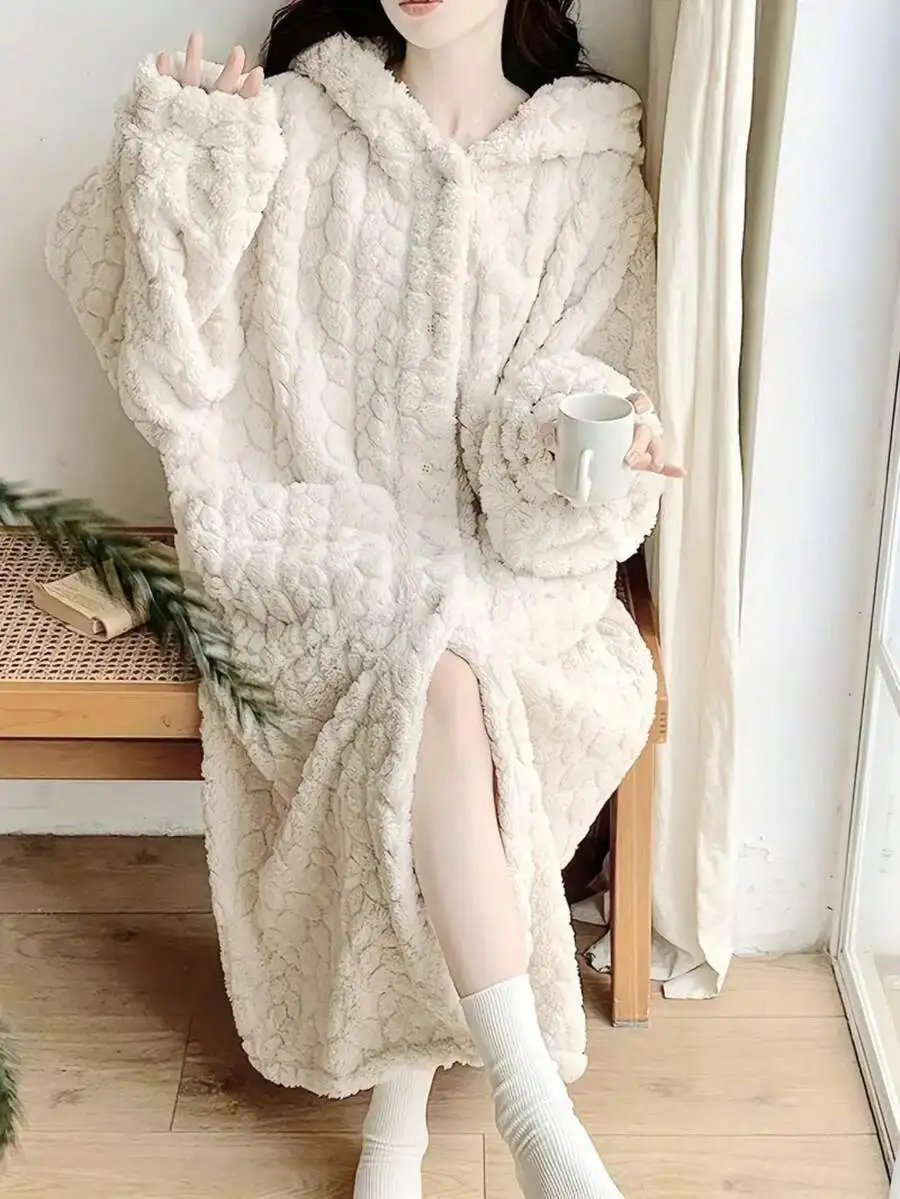

Womens Solid Beige Hooded Long Sleeve Fleece Robe With Pockets Warm Sleepwear For Autumn Winter