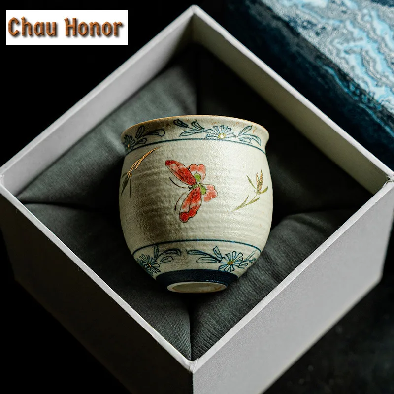 90ml High-end Blue And White Flint Red Teacup Handmade Gold Drawing Butterfly Orchid Master Cup Personal Egg Shape Coffee Mug