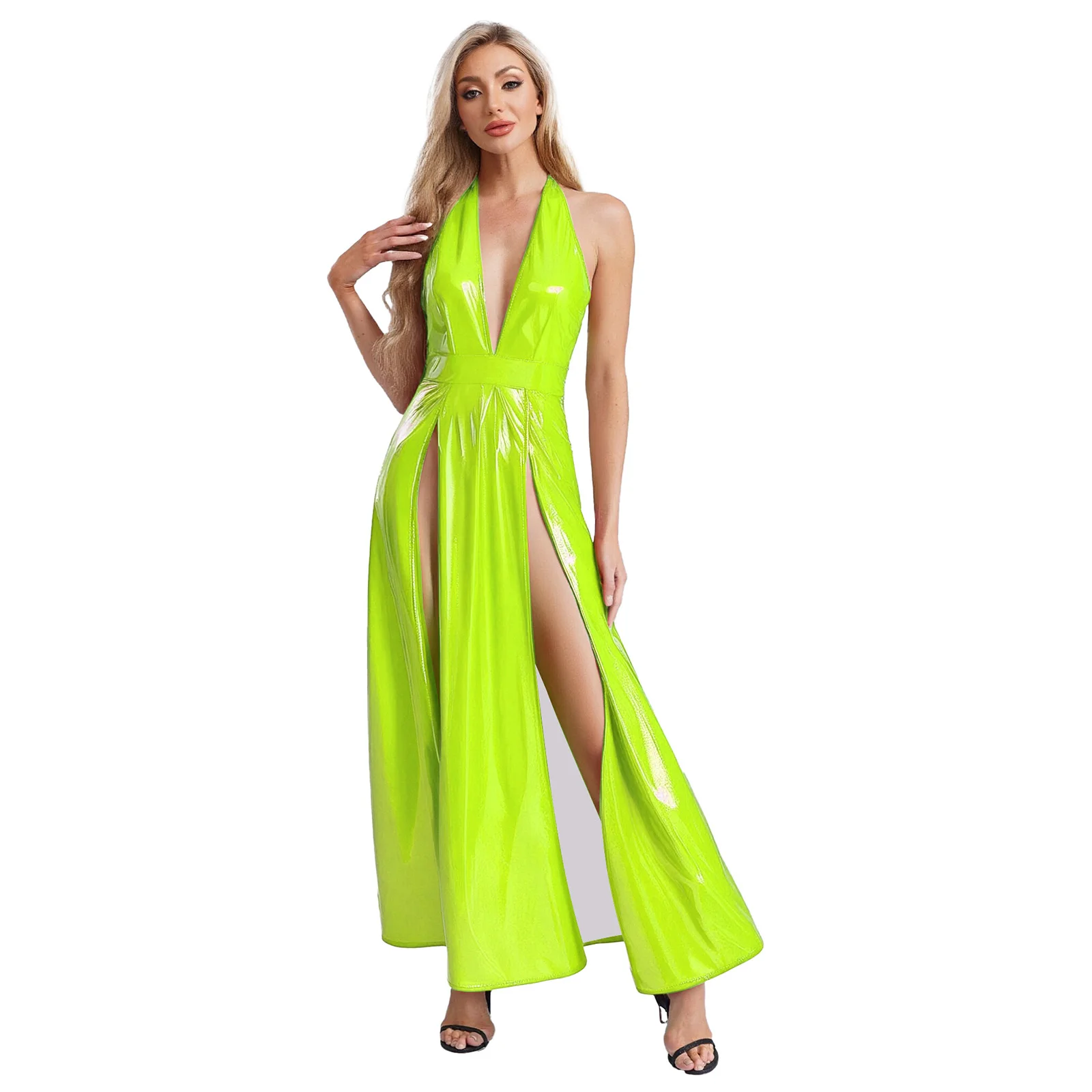 

Women Glossy PU Maxi Dress Deep V Neck Halter Open Back High Waist High Split A-line Dress for Night Out Raves Party Clubwear