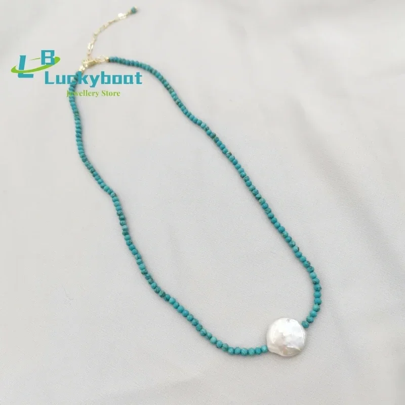 Natural Gemstone Choker Necklace Real Turquoise Baroque Pearl Bohemian Necklace Boho Collier Femme 14K Gold Filled Women Jewelry