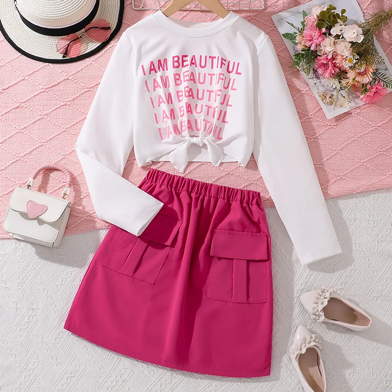 2024 Clothing Set Girls Long Sleeve Letter T-shirt Rose Red Skirts 2 Pcs Sets Casual Girls Clothes Set 8-12T