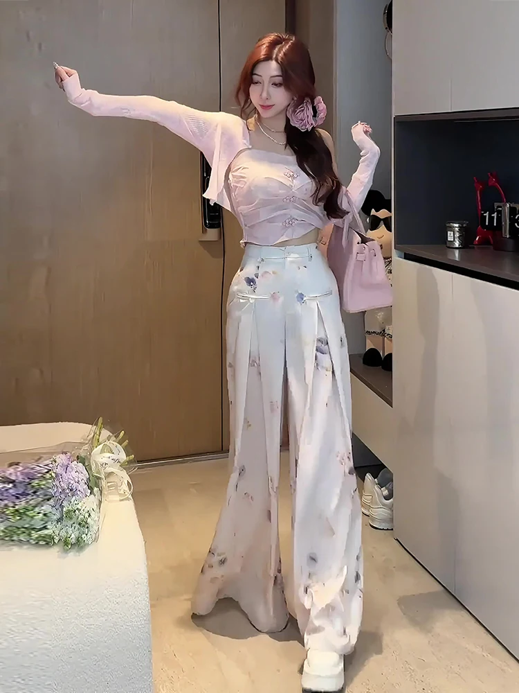 Nouveau chinois Sle aquarelle imprimé pantalon à jambes larges femmes taille haute minceur drapé pantalon décontracté été nouveauté