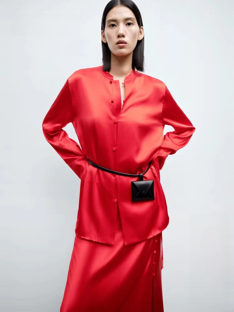 

Red Silk Tie-Dye Women's Shirt New Chinese Style Spring 2025 Edition Straight Cut Long Sleeve Button-Up Pure Color EBE1SHT001