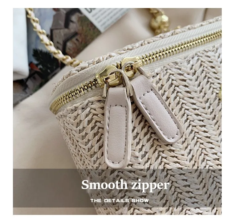 2026 Sommer Mini Stroh-Bucket-Crossbody-Tasche für Damen – Geflochtene Damenhandtaschen und -geldbörsen mit Kette, einfache Umhängetaschen – Detail 5