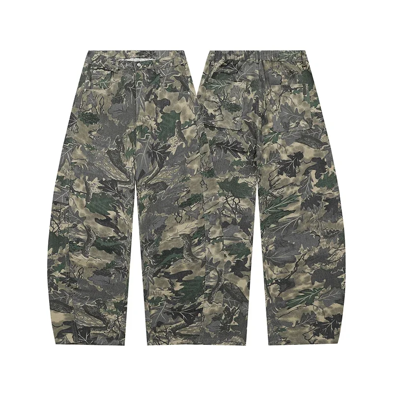 

Men's Curved Knife Jeans, Fashionable Street Camouflage Printed Outdoor Workwear Jeans, High School Style Loose Casual Pants