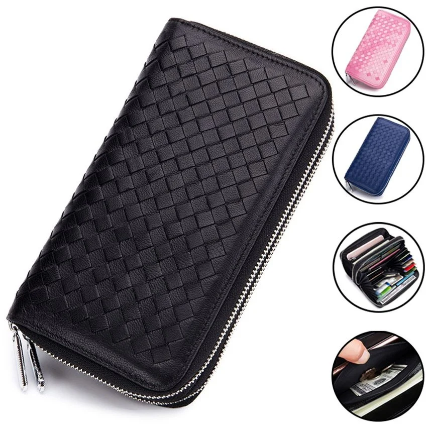 

Fashion Men's Sheepskin Woven Wallet RFID Blocking Wallet Zipper Purse Long Clutch Wallet Credit Card Wallet