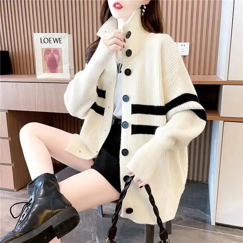 

Small Niche High Neck Sweater Women's Cardigan Version Loose and Lazy Thread Jacket Women