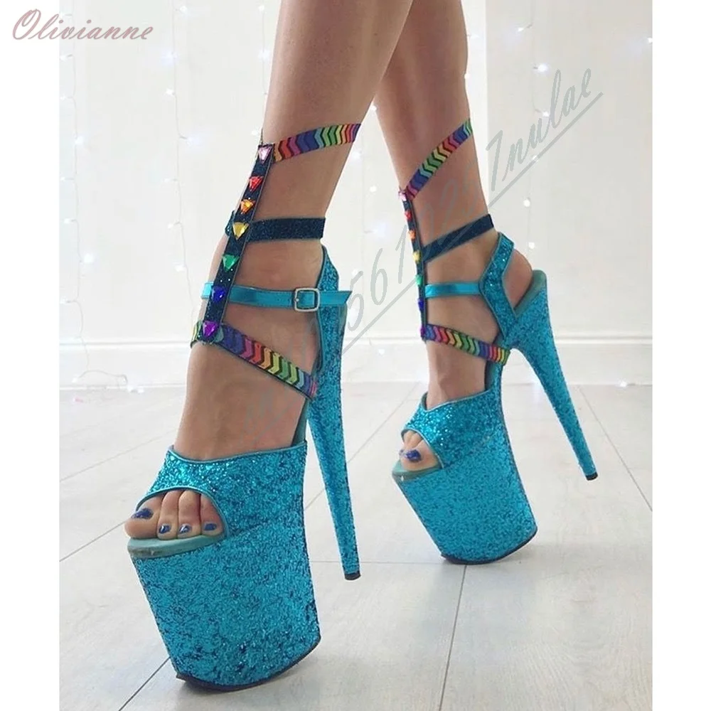 Glitter Blue Hot Girls Open Toe Sandals Pole Dance High Heel Platform Colorful Crystals Decor Women Shoes Fashion Sexy Sandals