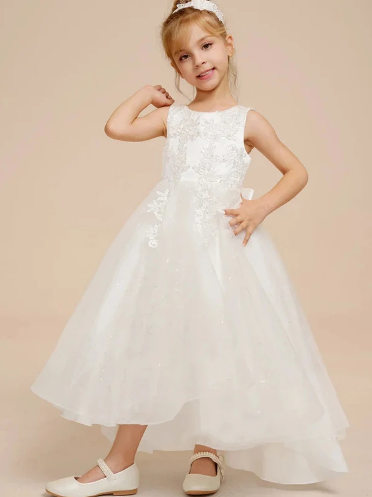 

White Flower Girl Dresses Tulle Appliques With Bow Sleeveless For Wedding Birthday Party Banquet First Communion Gowns