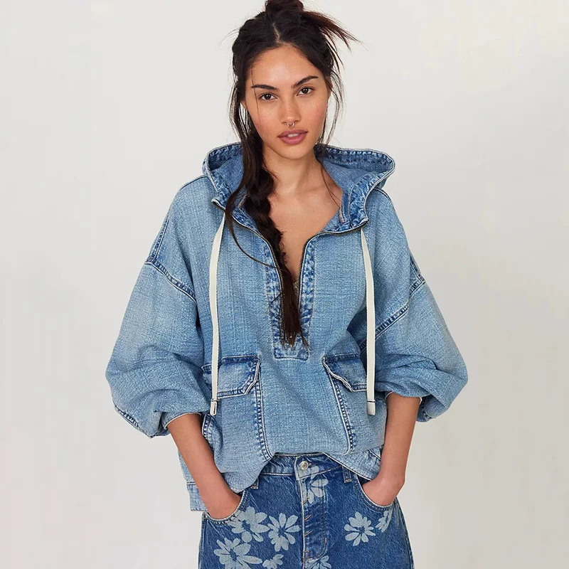 

Streetwear Women Hooded Denim Jacket 2025 Fall Fashion Loose Casual Coat
