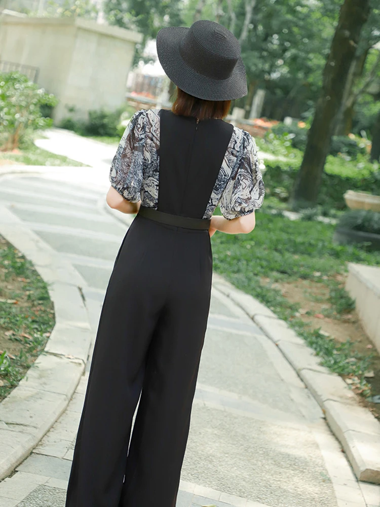 Koreaanse Elegante Patchwork Zwarte Jumpsuit Dames Zomer Hoge Taille Jumpsuits Met Korte Mouwen Combinaison Femme Overalls