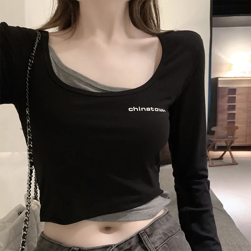 Fake Two Piece Long Sleeve T-shirt for Women Early Autumn O-neck Chic Slim Tops 2022 New Female All-match Cropped Tshirt Trend