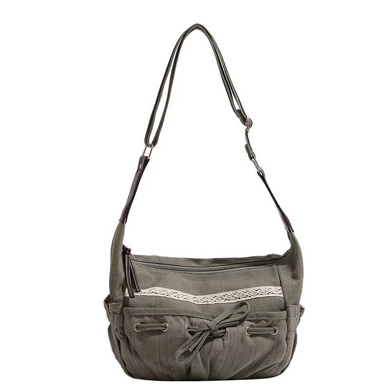 

Vintage Sweet Cool Bow Canvas Shoulder Bags Women Drawstring Chic Casual Crossbody Bag Large Capacity Retro Messenger Bags