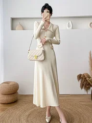 Zoki Casual Sweet Knitted Long Dress Women Slim Long Sleeve Elegant Korean Dress Autumn Fashion Female Buttons Apricot Dress New