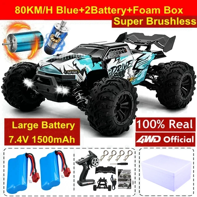 1:16 80 km/u borstelloze RC Drift auto met LED-verlichting 4WD elektrische hoge snelheid Racing afstandsbediening Monster Truck voor kinderen volwassenen