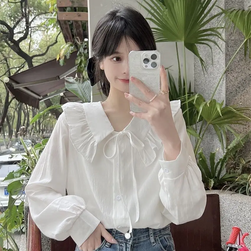 Spring Autumn Ruffle Edge Shirt with White Design Korean Style Niche Ruffle Collar Tied Bow Top Doll Collar Shirt for Women