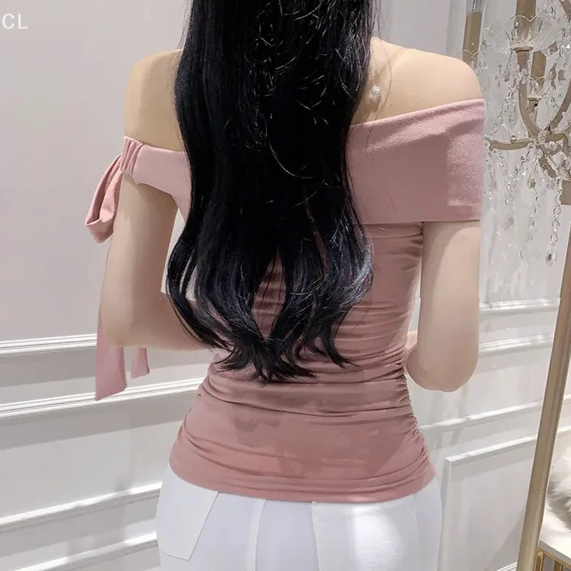 Sexy off-shoulder geplooid T-shirt dames zomer zoete schede strikje ontwerp effen casual tops