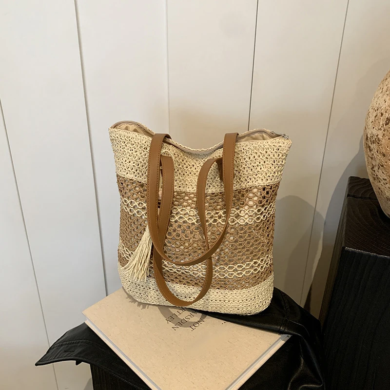 Sommer Stroh Taschen für Frauen Hohe Qualität Rattan Schulter Tasche Reise Handarbeit Gewebt Strand Handtaschen Weibliche Große Kapazität Totes – Detail 3