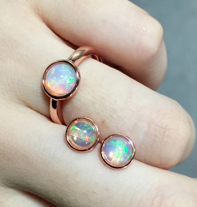 

Hotsale Silver Opal Jewelry Set for Office Woman 100% Natural Opal Ring Earrings 18K Gold Plating Gemstone Jewelry