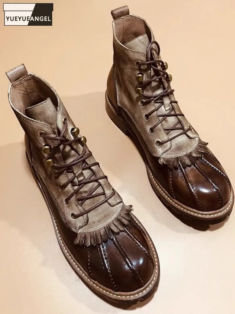 Vintage Mens Spliced Genuine Leather Motorcycle Boots British Style Tassels Lace Up Cargo Short Boots Men High Top Work Shoes