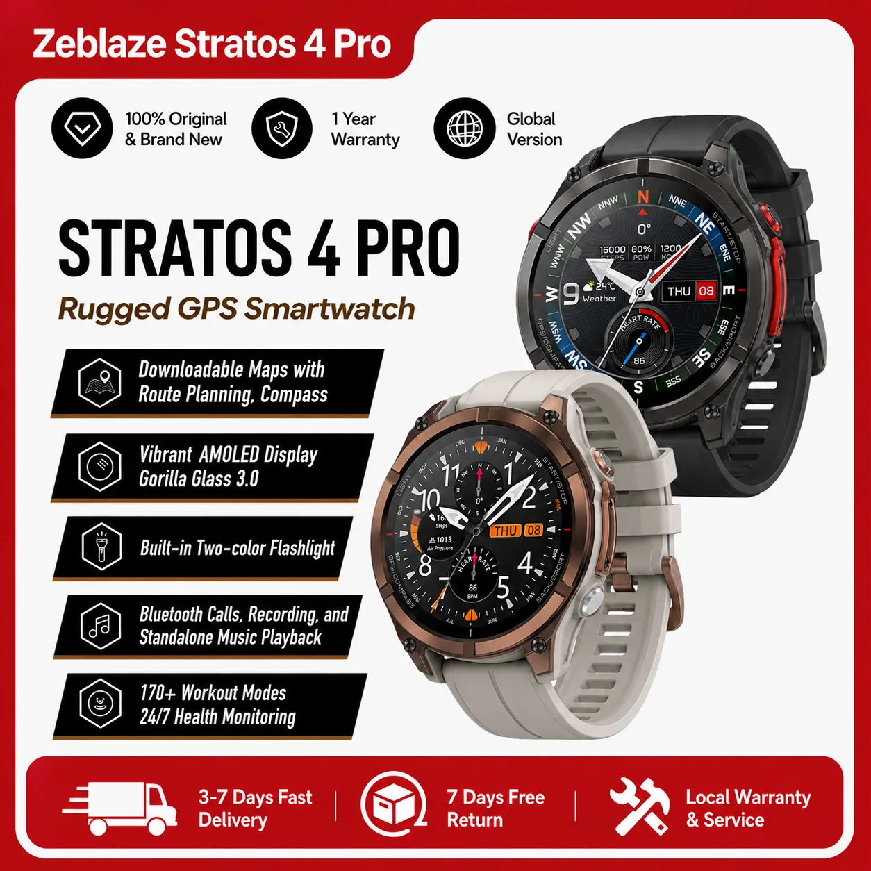 Reloj Inteligente Zeblaze Stratos 4 Pro GPS 2026 con Pantalla AMOLED de 1.43'', Linterna de Doble Color, Almacenamiento de Música y Más de 170 Modos de Entrenamiento