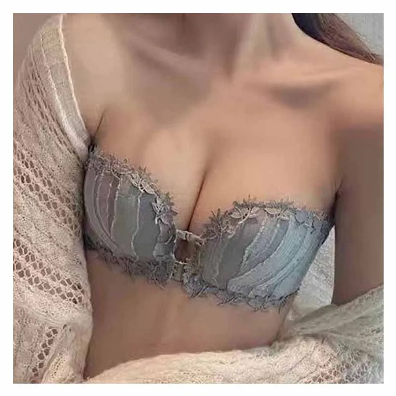 Sexy Bras Women Small Chest Thick Wire Free Lace Woman Underwear Front Closure Strapless Backless Bra Female Bralette With Strap