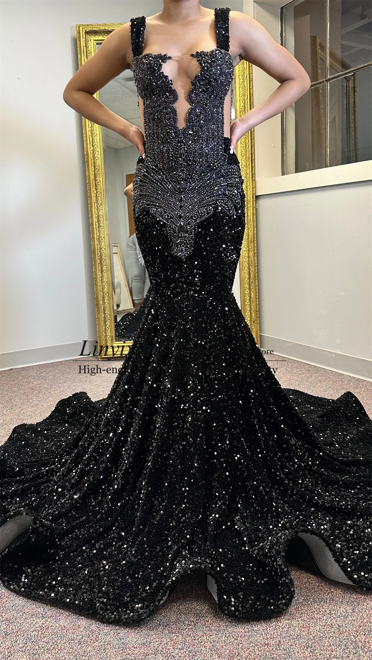 

Glitter Velvet Sequins Diamond Mermaid Prom Dresses Customized Black Girls Evening Party Gown Long Women Birthday Robe De Soiree