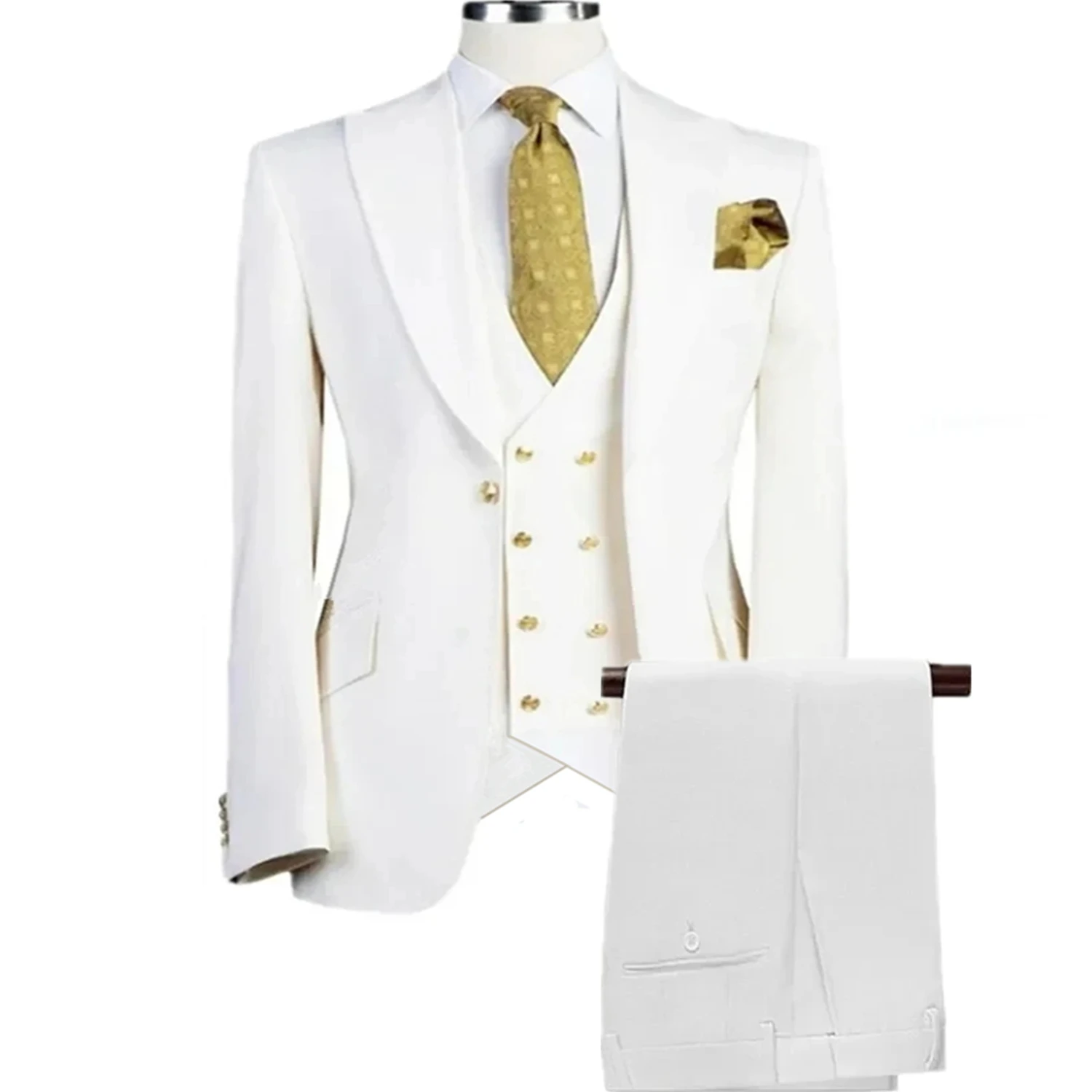 2023 Fashion New Men Casual Boutique Business Wedding Hosting Performance 3 Pcs Golden Button Suit Blazers Jacket Vest Pants Set