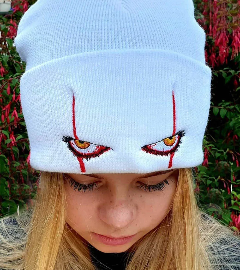 

Embroidered Woolen Beanies Hat Scary Clown Eyes Knitted Hat Soft Outdoor Warm Hedging Hip-hop Hat Woolen Halloween Hat Beanies