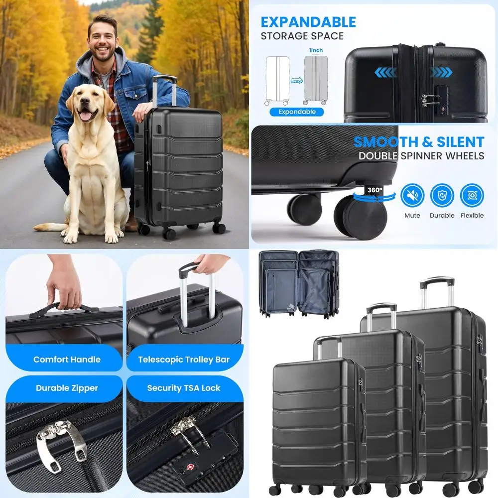 

3-Piece Deluxe Luggage Set: Expandable Hard Shell Suitcase with Spinner Wheels and TSA Lock, Lightweight Rolling Luggage, Black