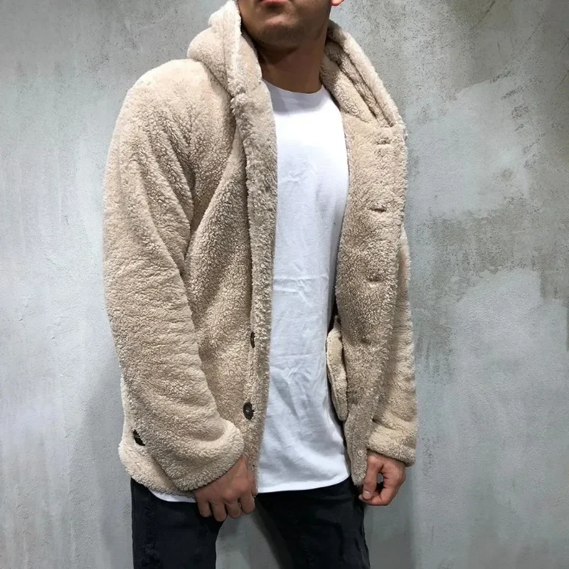 Men's Fleece Teddy Coat Jackets Autumn Winter Solid Color Cardigan Casual Tops Fur Jackets Hoodies Tracksuit Outwear Thin Male