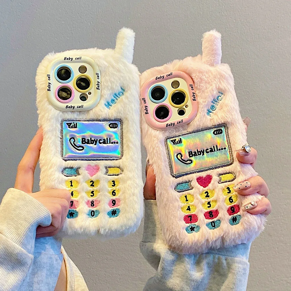 Plush Embroidered Cellphone Model Stand Phone Case Suitable for IPhone 11 12 13 14 15 Pro Max 16 Fine Hole Lens Protection Cover